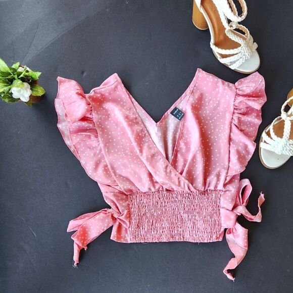 SHEIN Pink with White Polka Dot Blouse - Picture 1 of 8